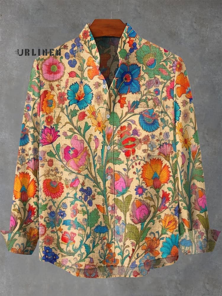 Men's Indian Folk Floral Print Art Casual 100% Cotton Shirt